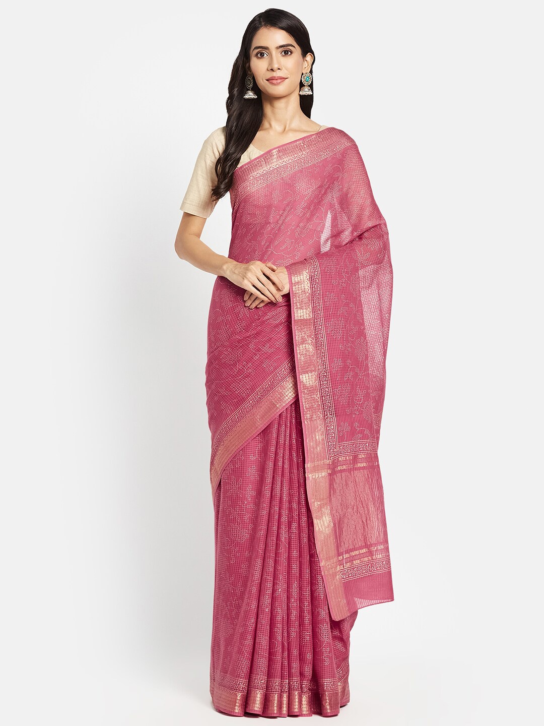 

Fabindia Pink & Golden Floral Zari Pure Cotton Saree