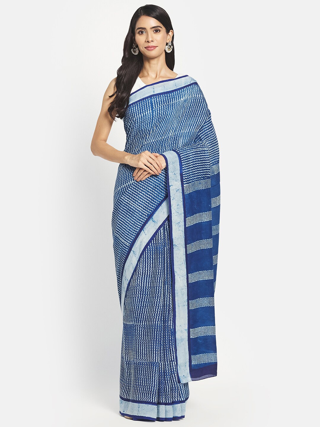 

Fabindia Blue & White Striped Zari Saree