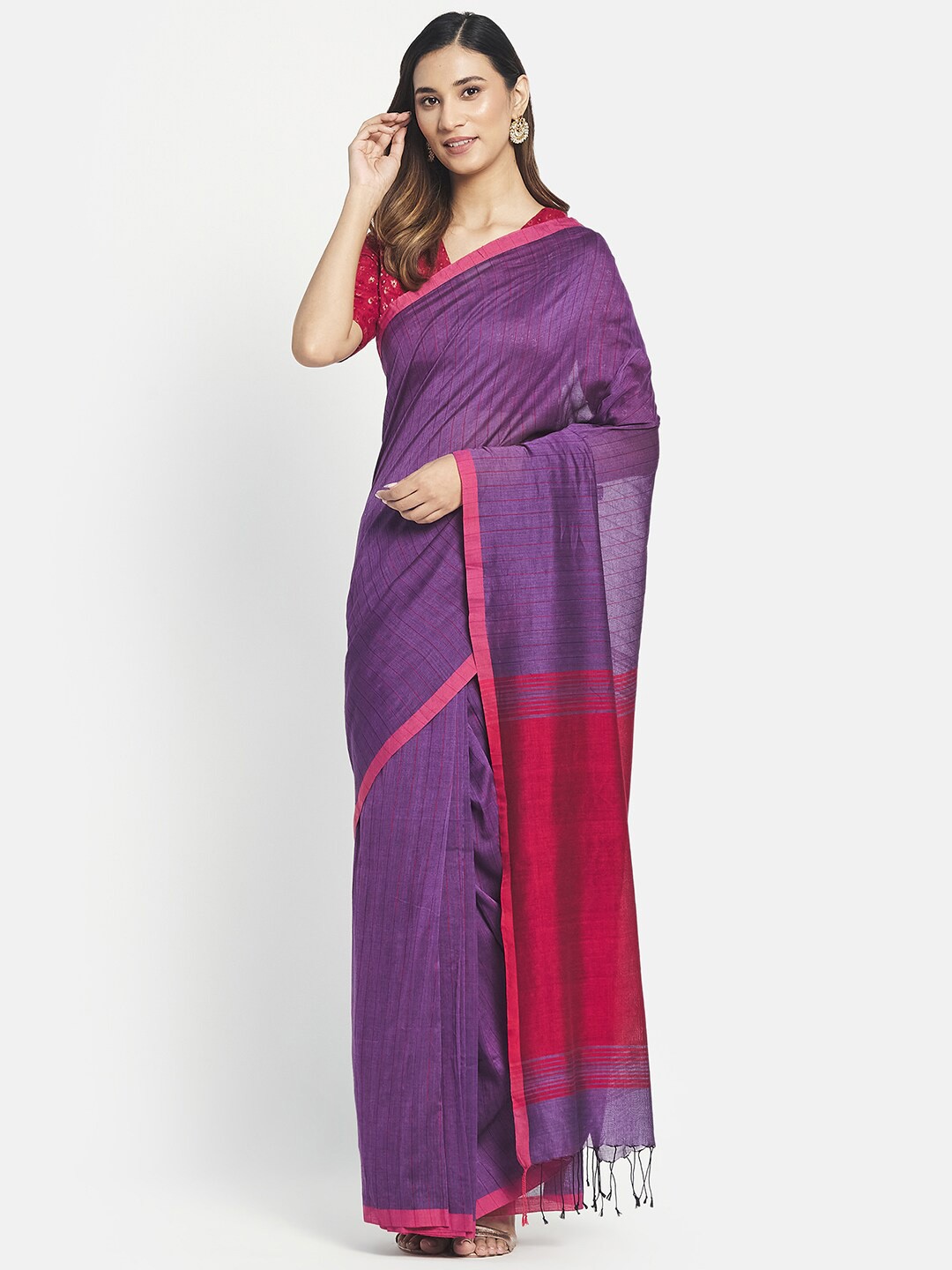 

Fabindia Purple & Red Woven Striped Pure Cotton Saree