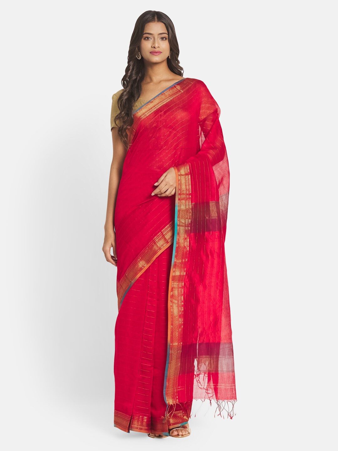 

Fabindia Red & Gold-Toned Woven Design Zari Silk Cotton Maheshwari Saree
