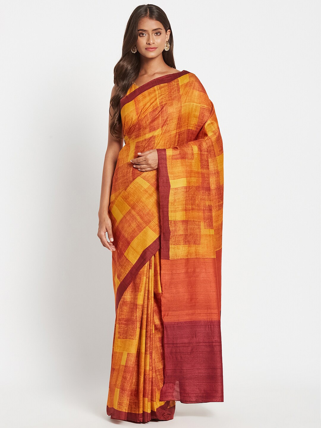 

Fabindia Orange & Red Pure Silk Block Print Saree