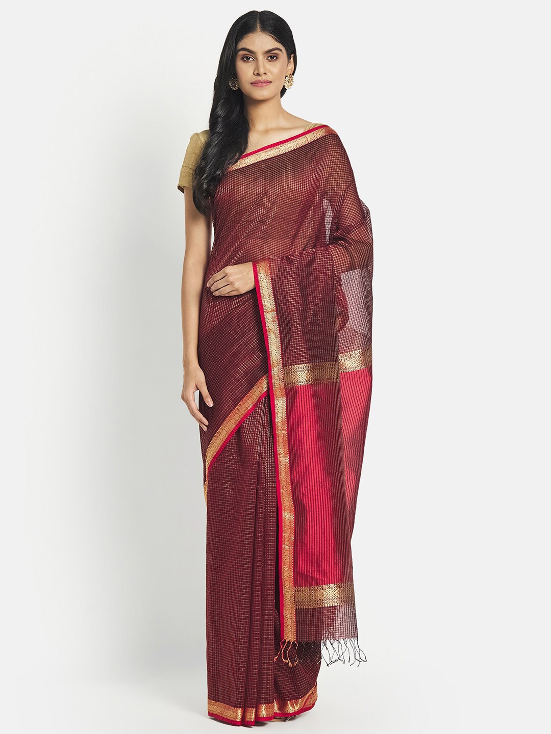 

Fabindia Maroon & Red Woven Design Zari Silk Cotton Maheshwari Saree