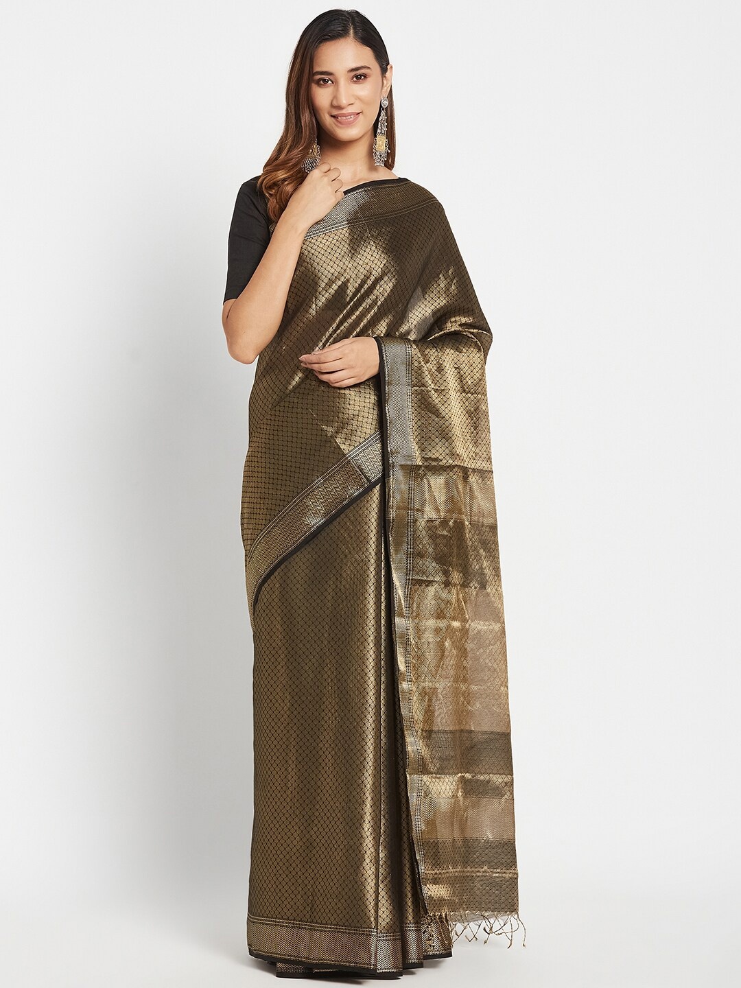 

Fabindia Women Black & Gold-Toned Woven Design Silk Cotton Maheshwari Saree