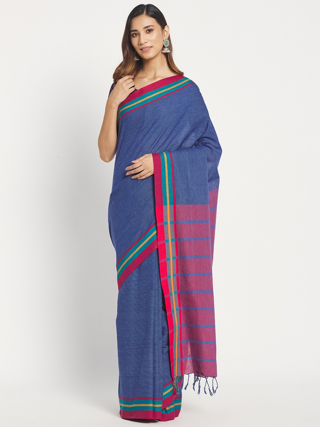 

Fabindia Blue & Red Pure Cotton Saree