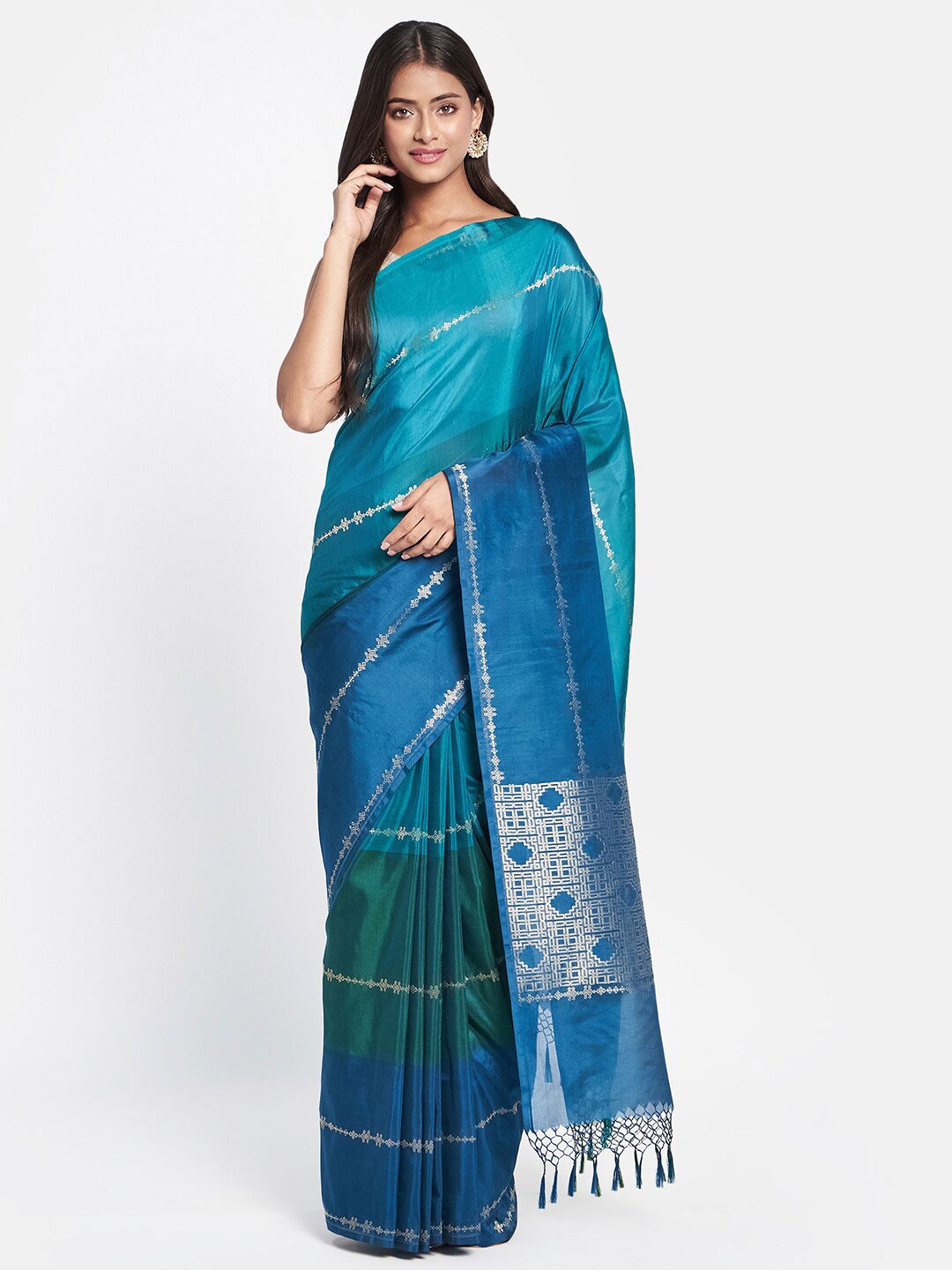 

Fabindia Turquoise Blue & Blue Colourblocked Zari Silk Blend Saree