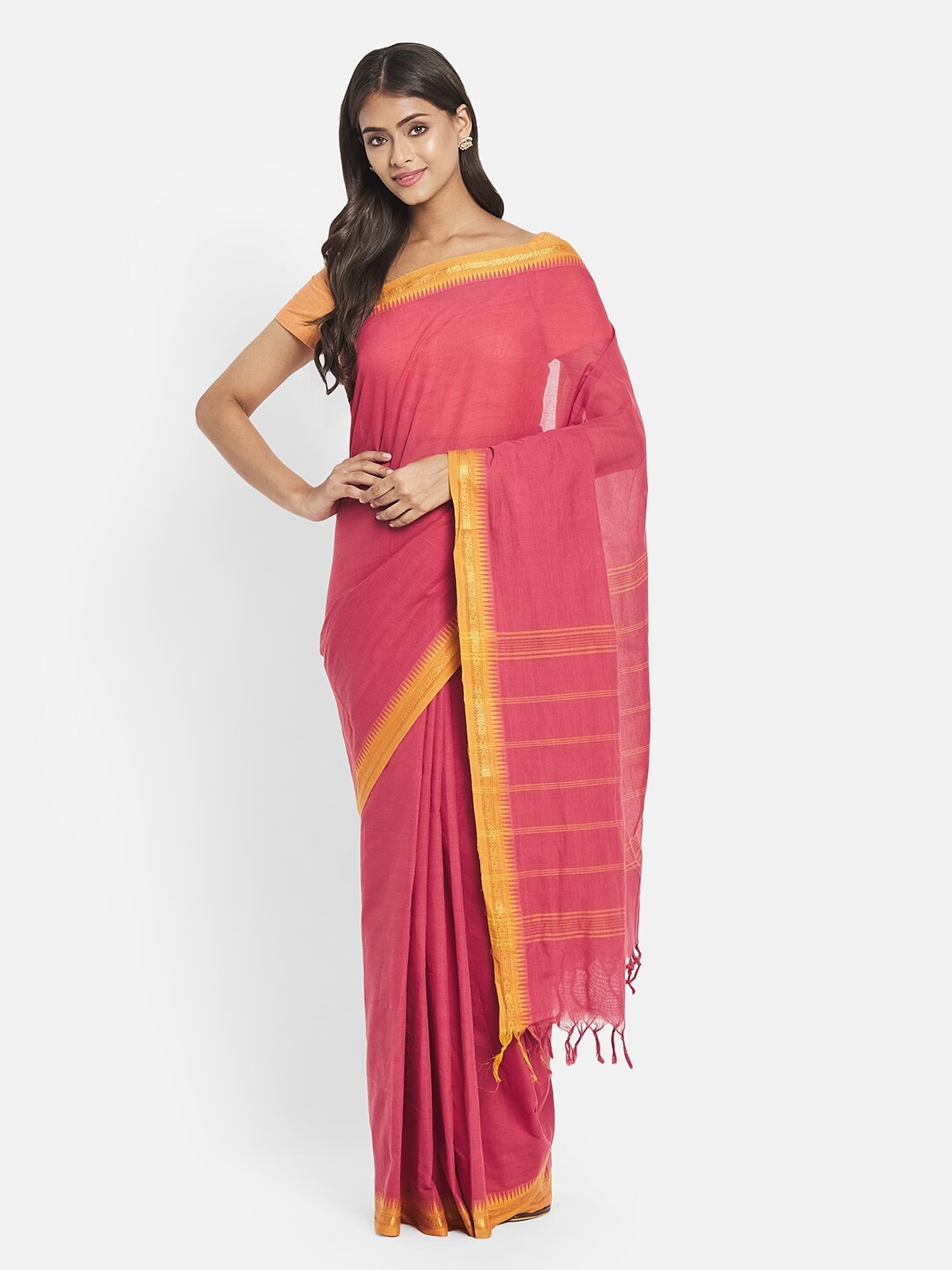 

Fabindia Pink & Gold-Toned Zari Pure Cotton Saree