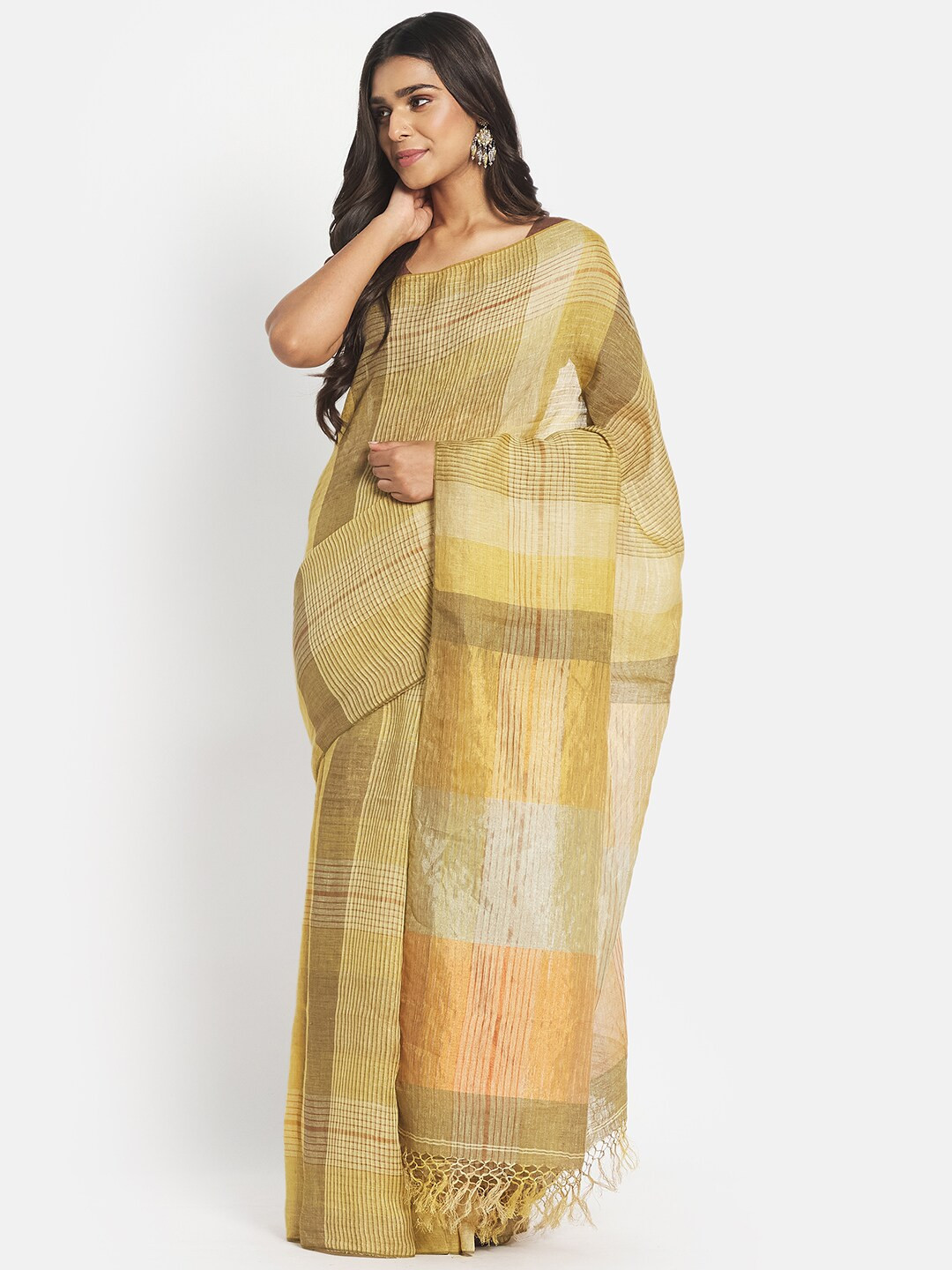 

Fabindia Green & Gold-Toned Striped Zari Pure Linen Saree