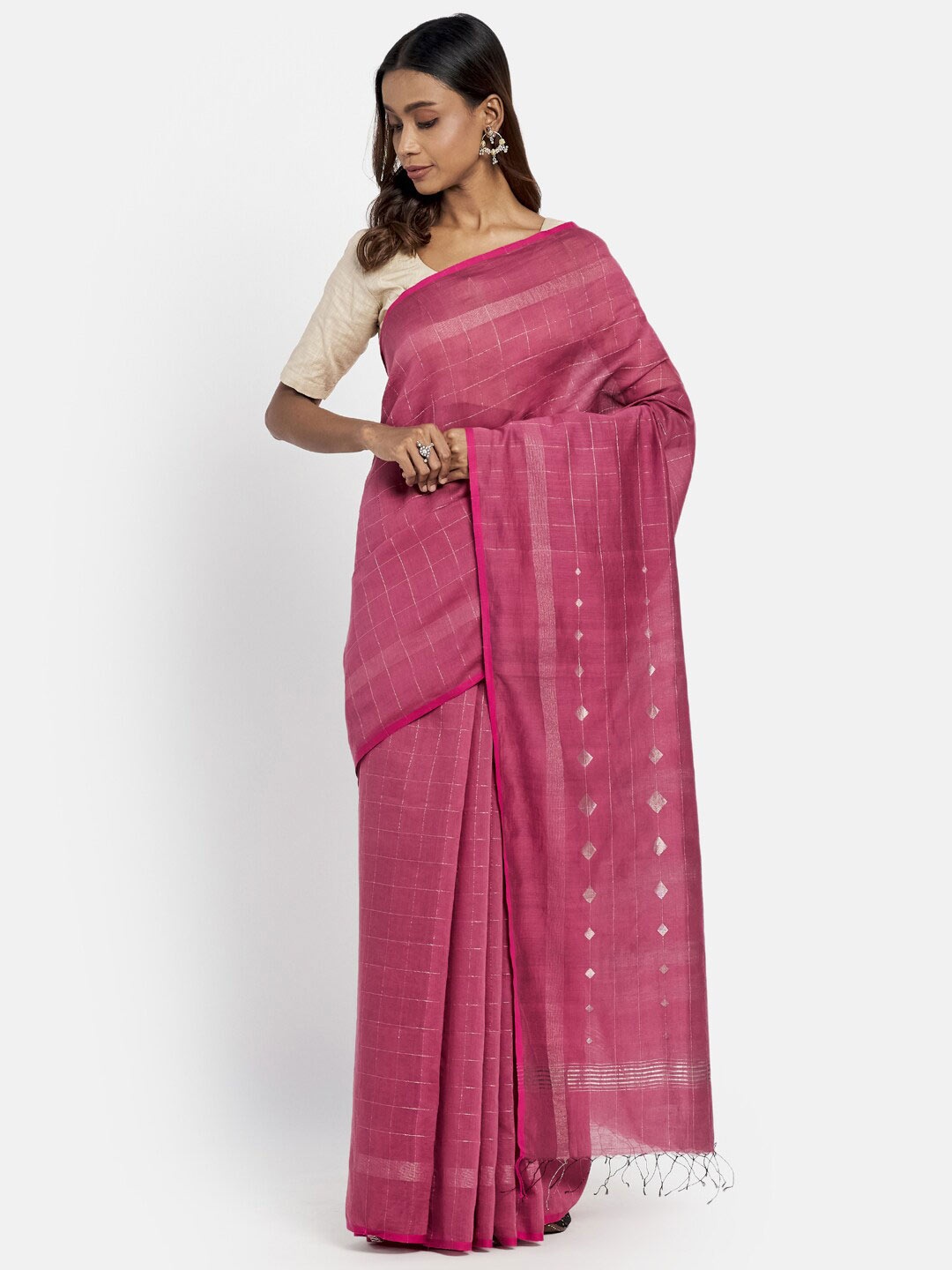 

Fabindia Pink & Silver Woven Design Zari Silk Cotton Jamdani Saree