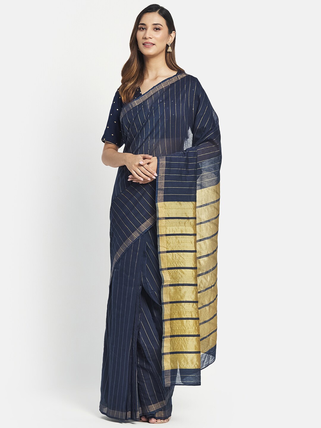 

Fabindia Navy Blue & Gold-Toned Striped Zari Silk Cotton Saree