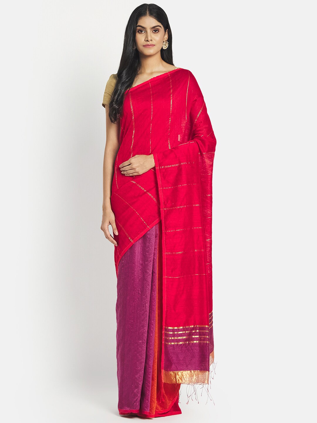 

Fabindia Red & Purple Striped Zari Pure Silk Saree