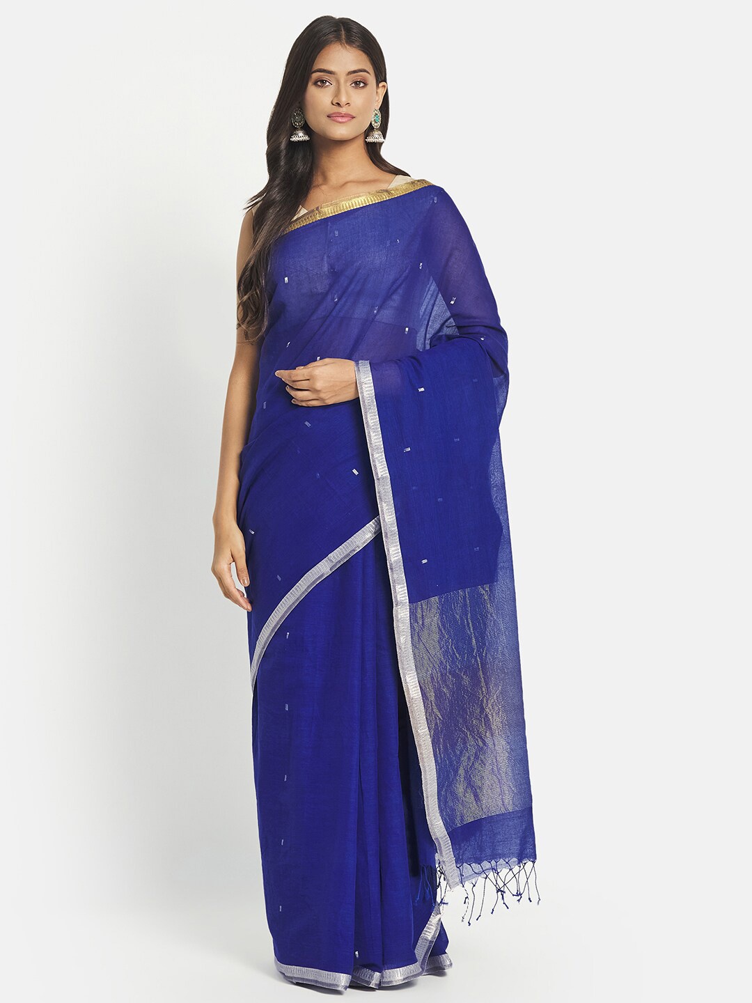 

Fabindia Blue & Gold-Toned Woven Design Zari Pure Cotton Jamdani Saree