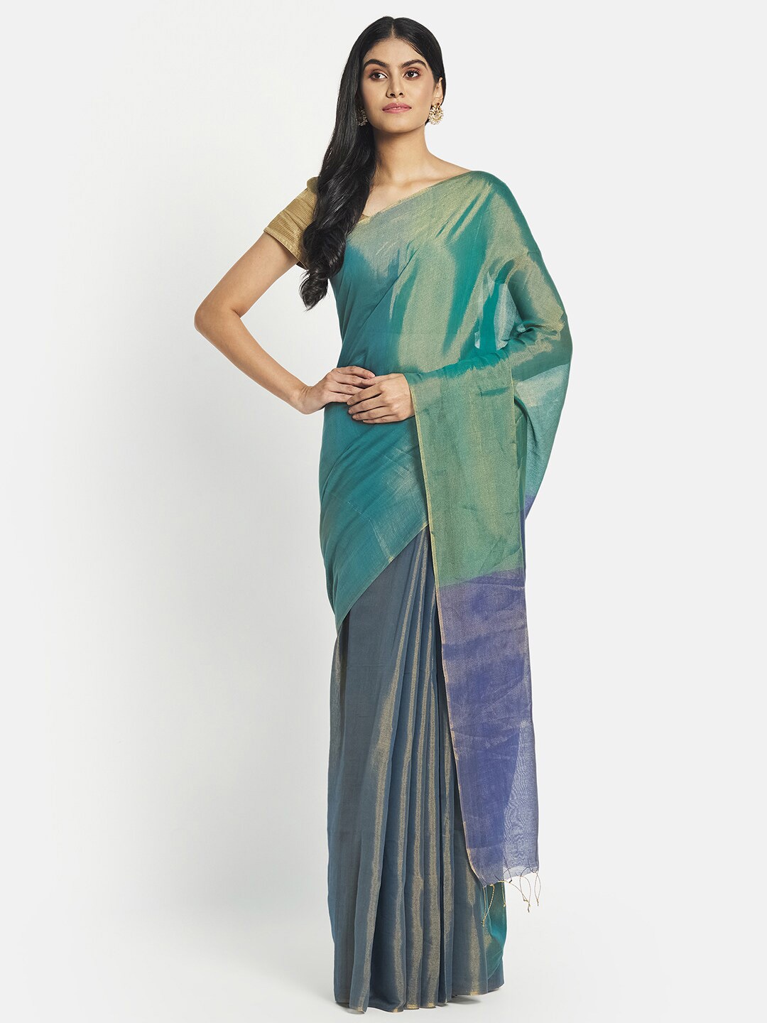 

Fabindia Blue & Green Colourblocked Silk Cotton Saree