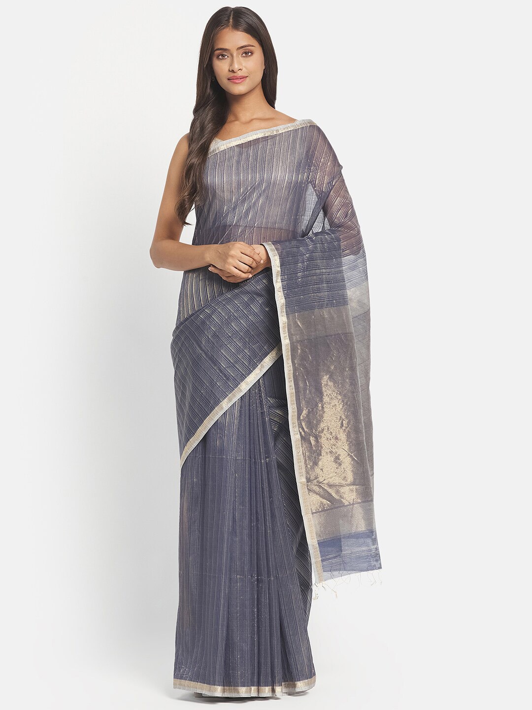 

Fabindia Grey & Gold-Toned Striped Zari Silk Cotton Maheshwari Saree