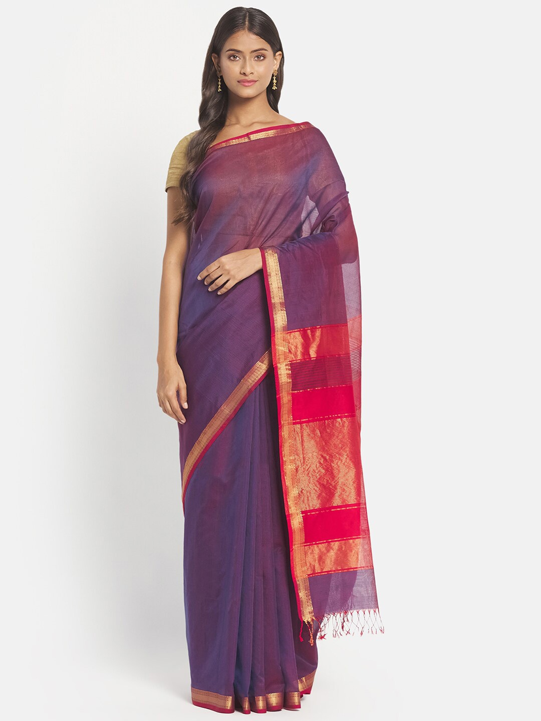 

Fabindia Blue & Red Woven Design Zari Silk Cotton Maheshwari Saree
