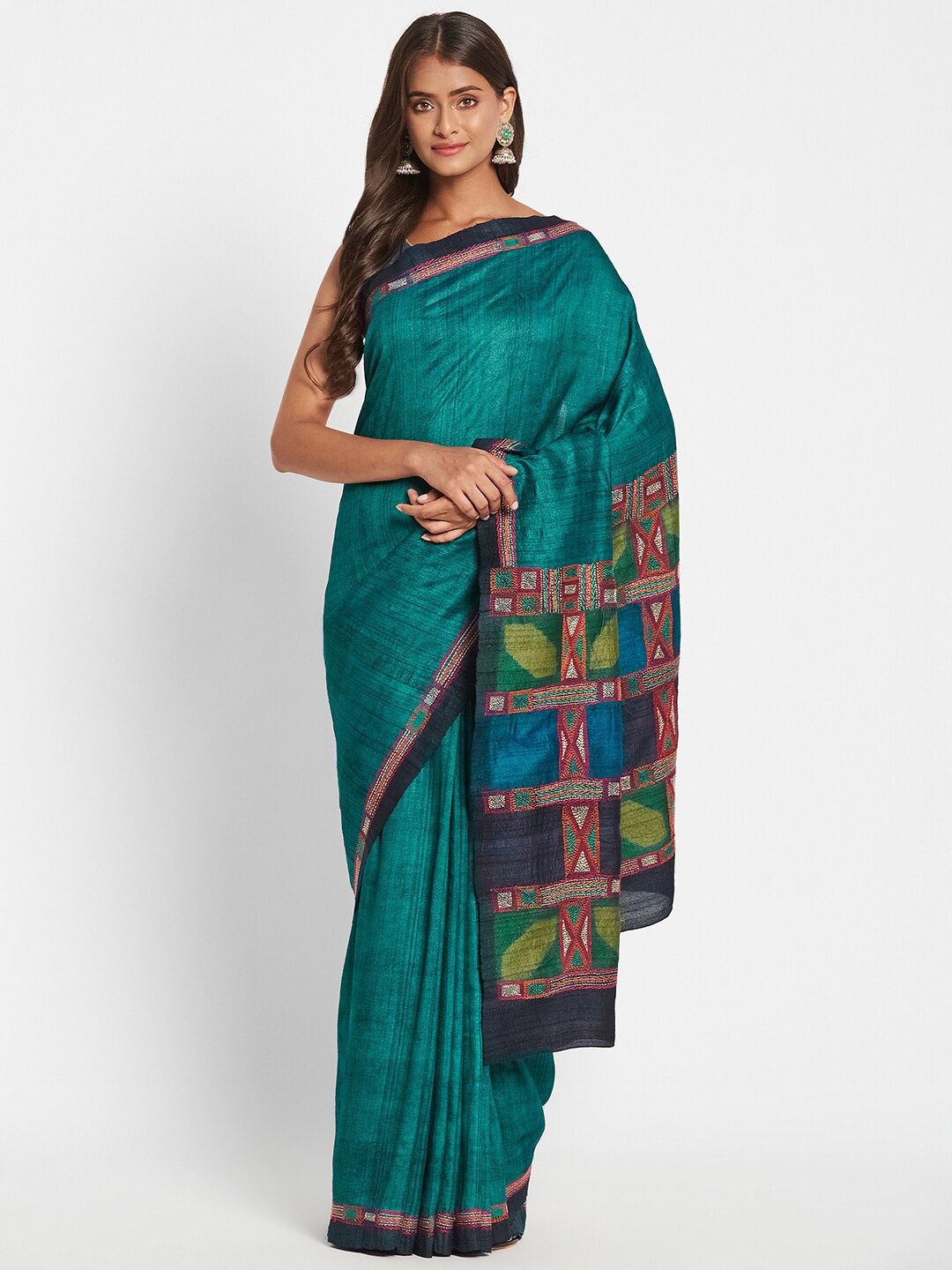 

Fabindia Teal Blue & Green Ethnic Motifs Pure Silk Saree