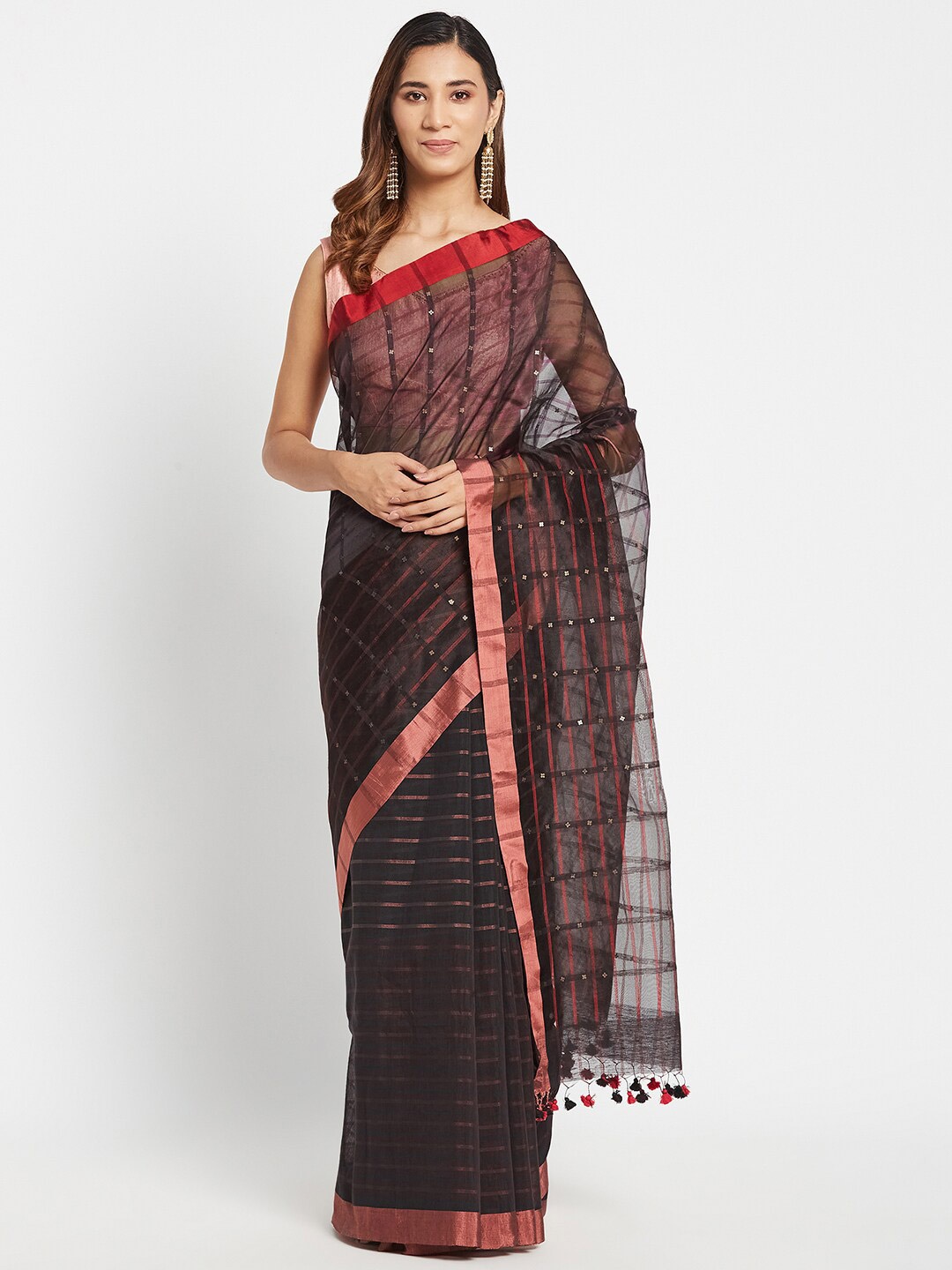 

Fabindia Black & Red Checked Zari Silk Cotton Saree