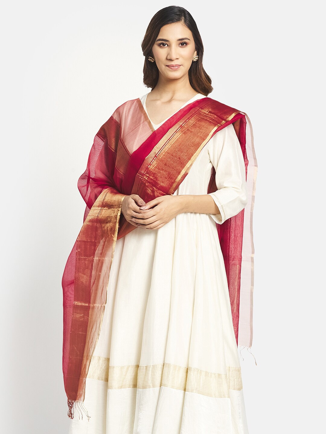 

Fabindia Women Maroon & Gold-Toned Woven Design Cotton Silk Dupatta with Zari