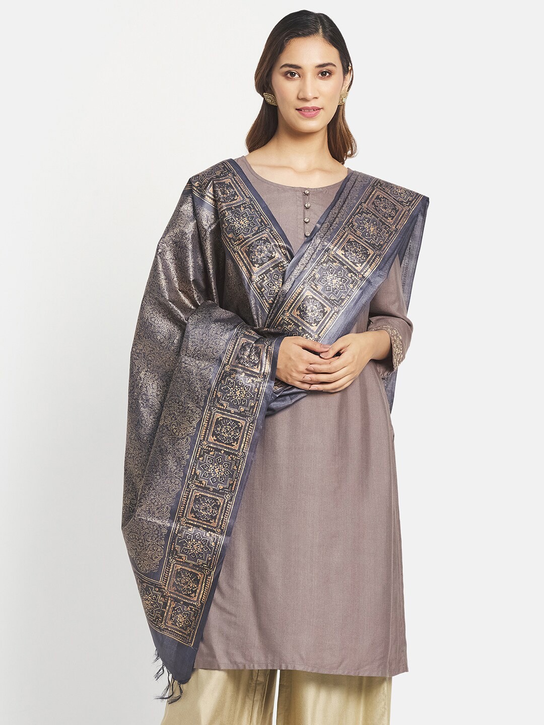

Fabindia Grey & Brown Ethnic Motifs Printed Pure Silk Block Print Dupatta