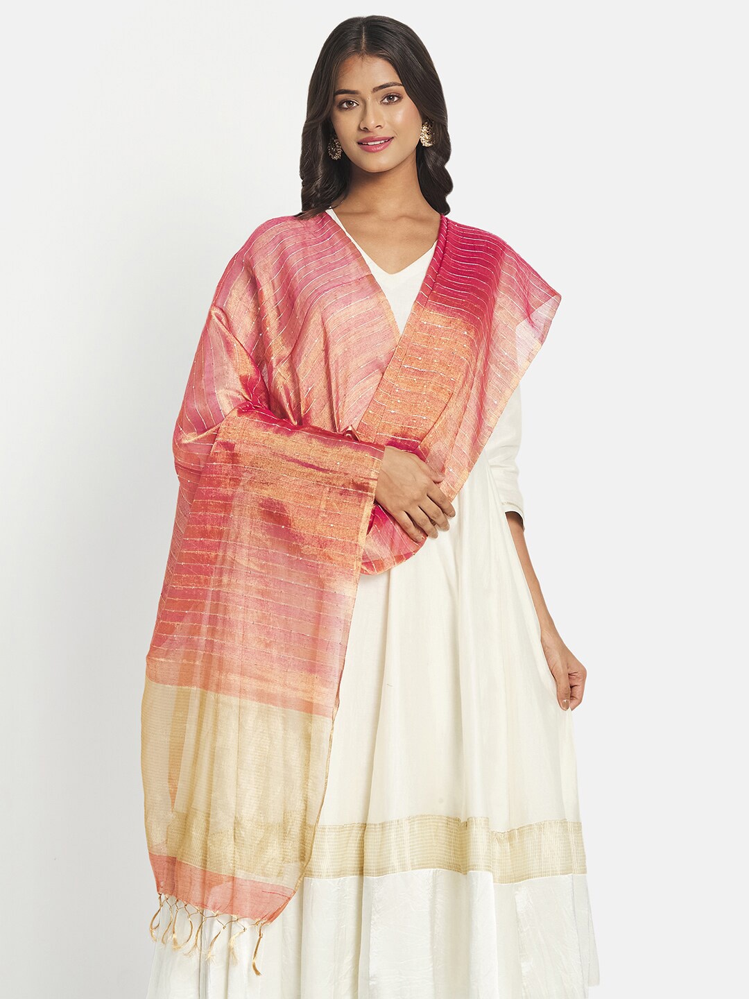 

Fabindia Orange & Gold-Toned Striped Cotton Silk Dupatta