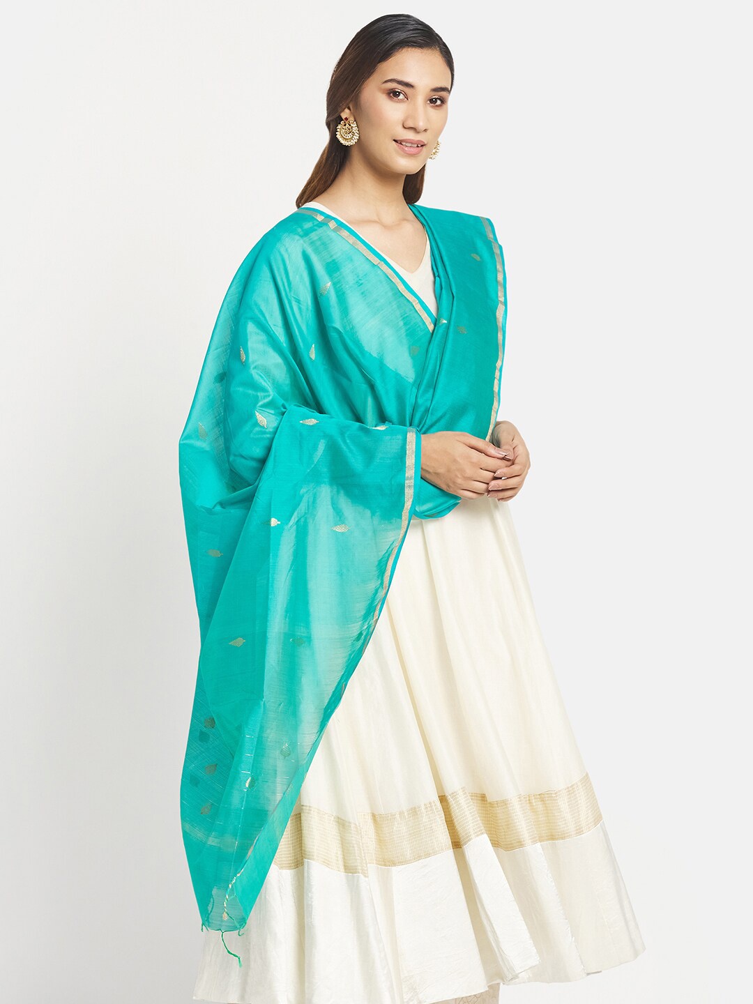 

Fabindia Turquoise Blue & Gold-Toned Woven Design Cotton Silk Dupatta