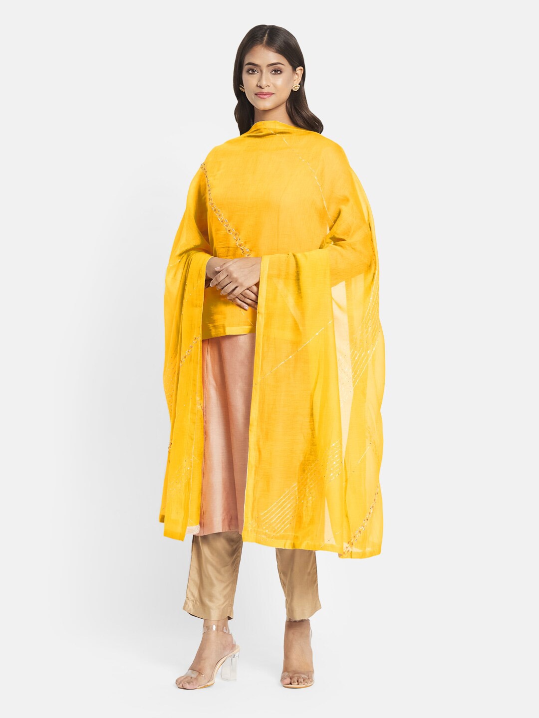 

Fabindia Yellow & Gold-Toned Embroidered Cotton Silk Dupatta with Sequinned