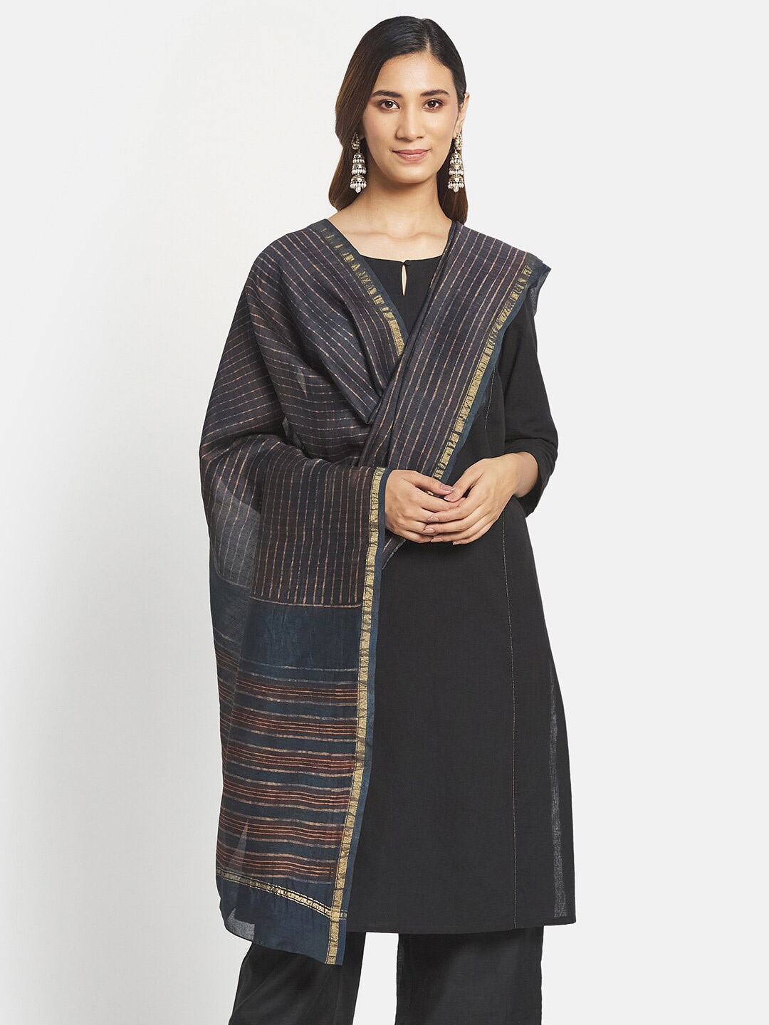 

Fabindia Blue & Gold-Toned Woven Design Cotton Silk Dupatta