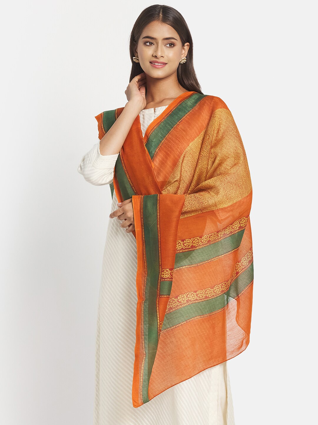 

Fabindia Orange & Green Ethnic Motifs Printed Cotton Silk Block Print Dupatta