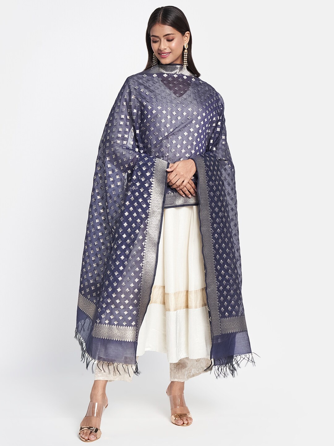 

Fabindia Navy Blue & Gold-Toned Ethnic Motifs Woven Design Cotton Silk Dupatta with Zari