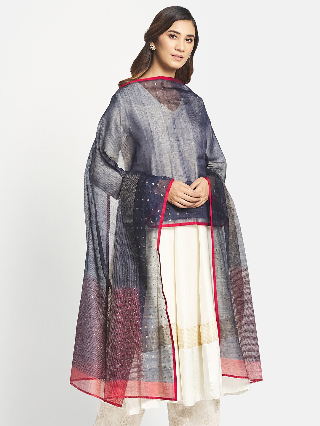 

Fabindia Women Navy Blue & Red Woven Design Sequined Cotton Silk Dupatta