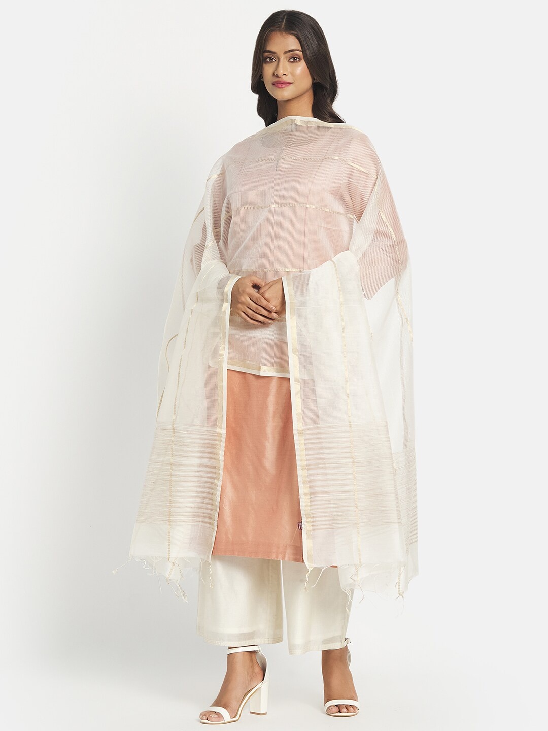 

Fabindia Women White & Gold-Toned Woven Design Cotton Silk Dupatta