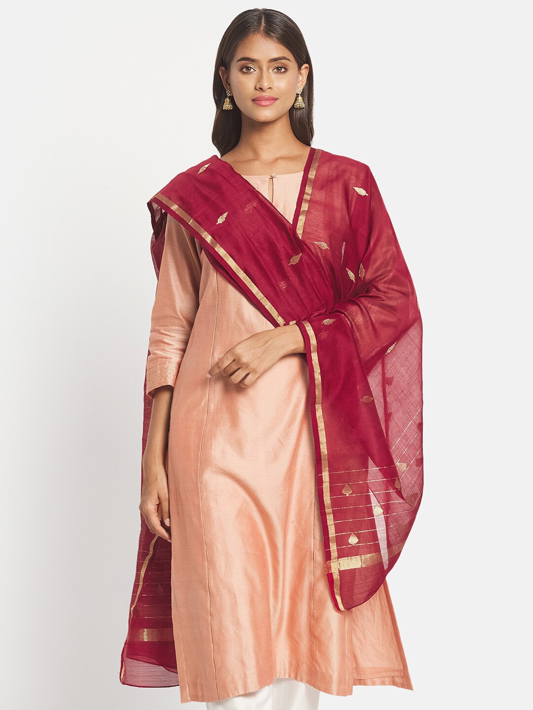 

Fabindia Red & Gold-Toned Woven Design Cotton Silk Dupatta with Zari