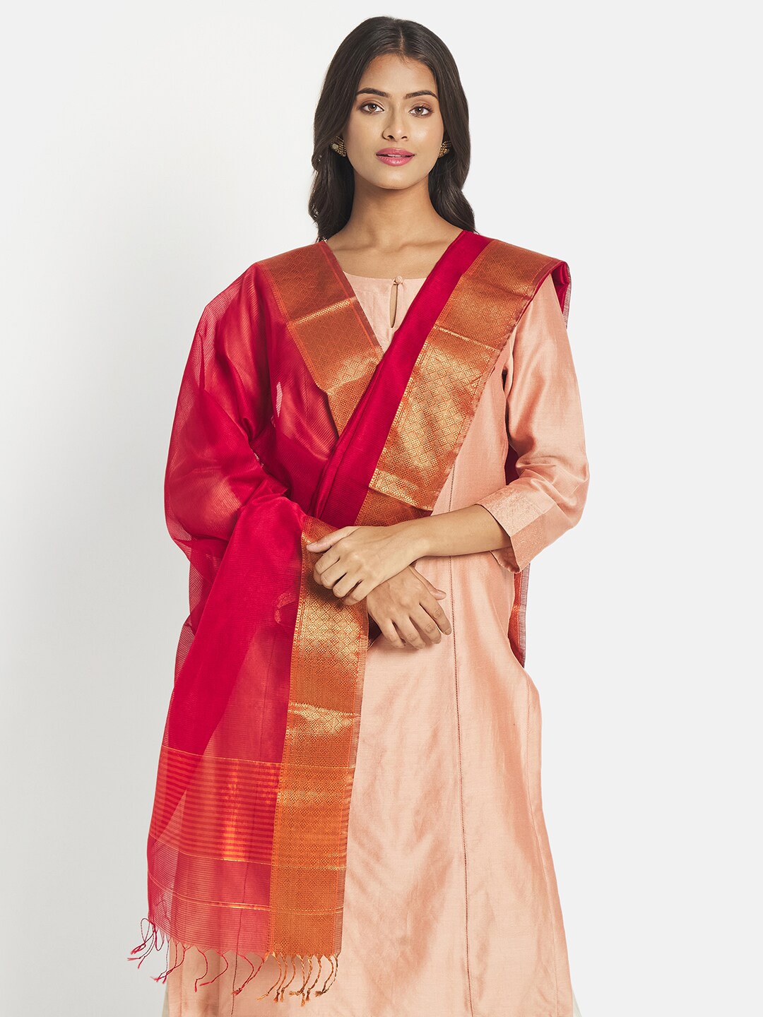 

Fabindia Red & Gold-Toned Woven Design Cotton Silk Dupatta with Zari