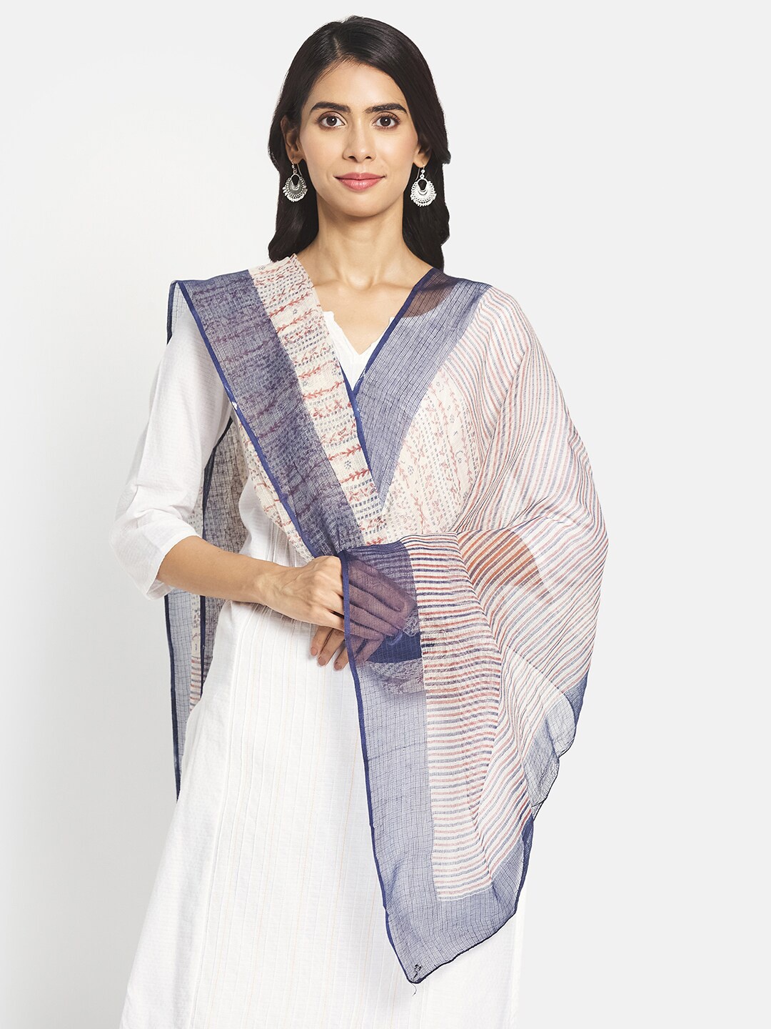 

Fabindia Beige & Blue Ethnic Motifs Printed Cotton Silk Block Print Dupatta
