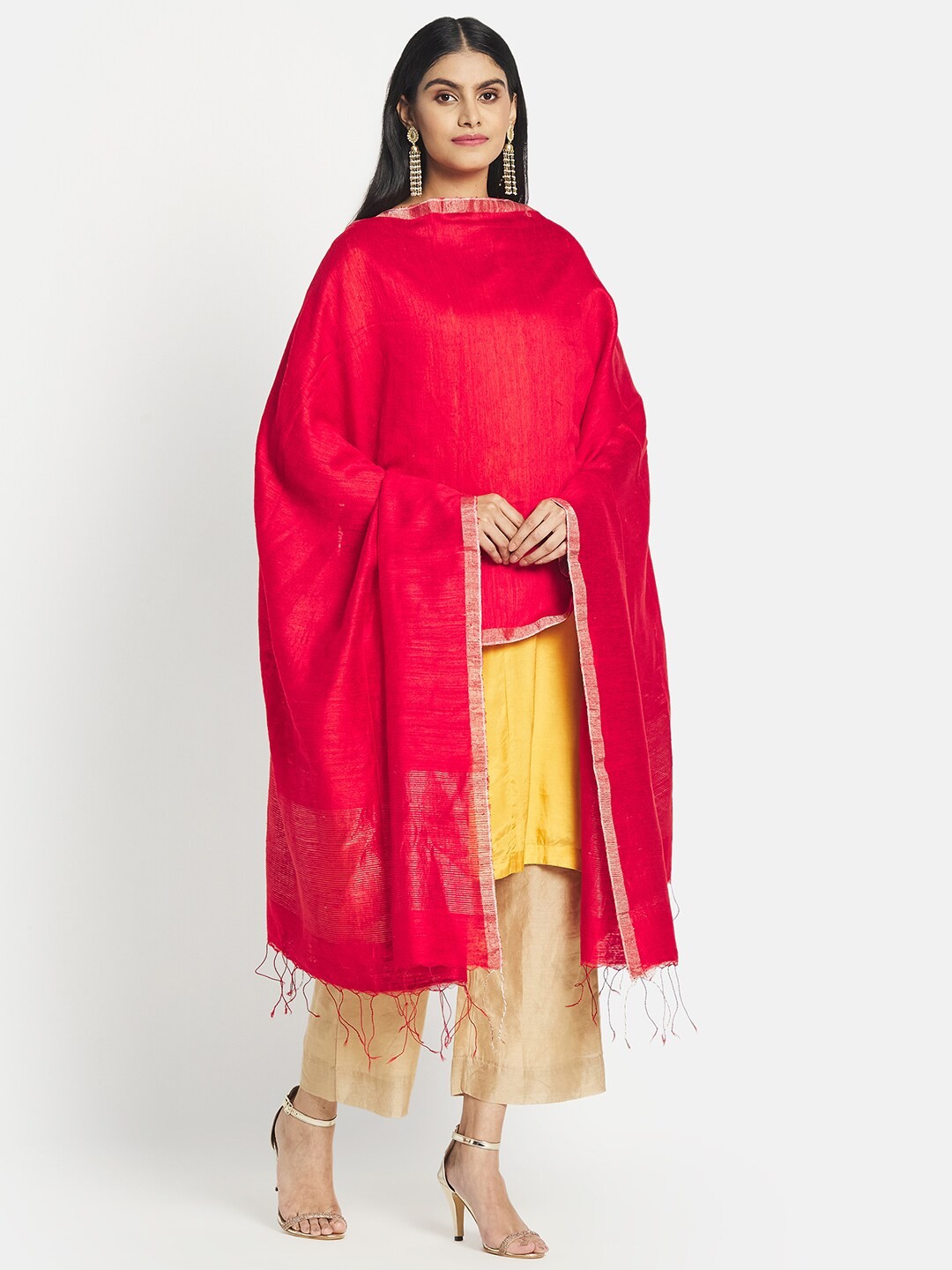 

Fabindia Women Red Woven Design Pure Silk Dupatta
