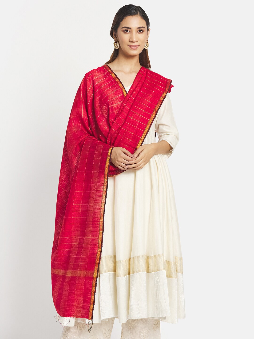 

Fabindia Red & Black Woven Design Pure Silk Dupatta with Zari