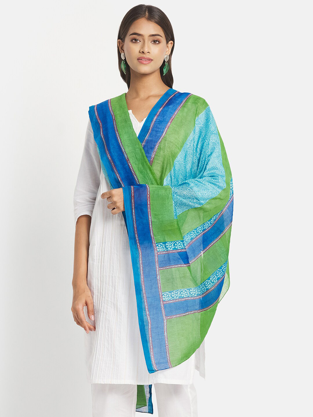 

Fabindia Blue & Green Printed Cotton Silk Block Print Dupatta
