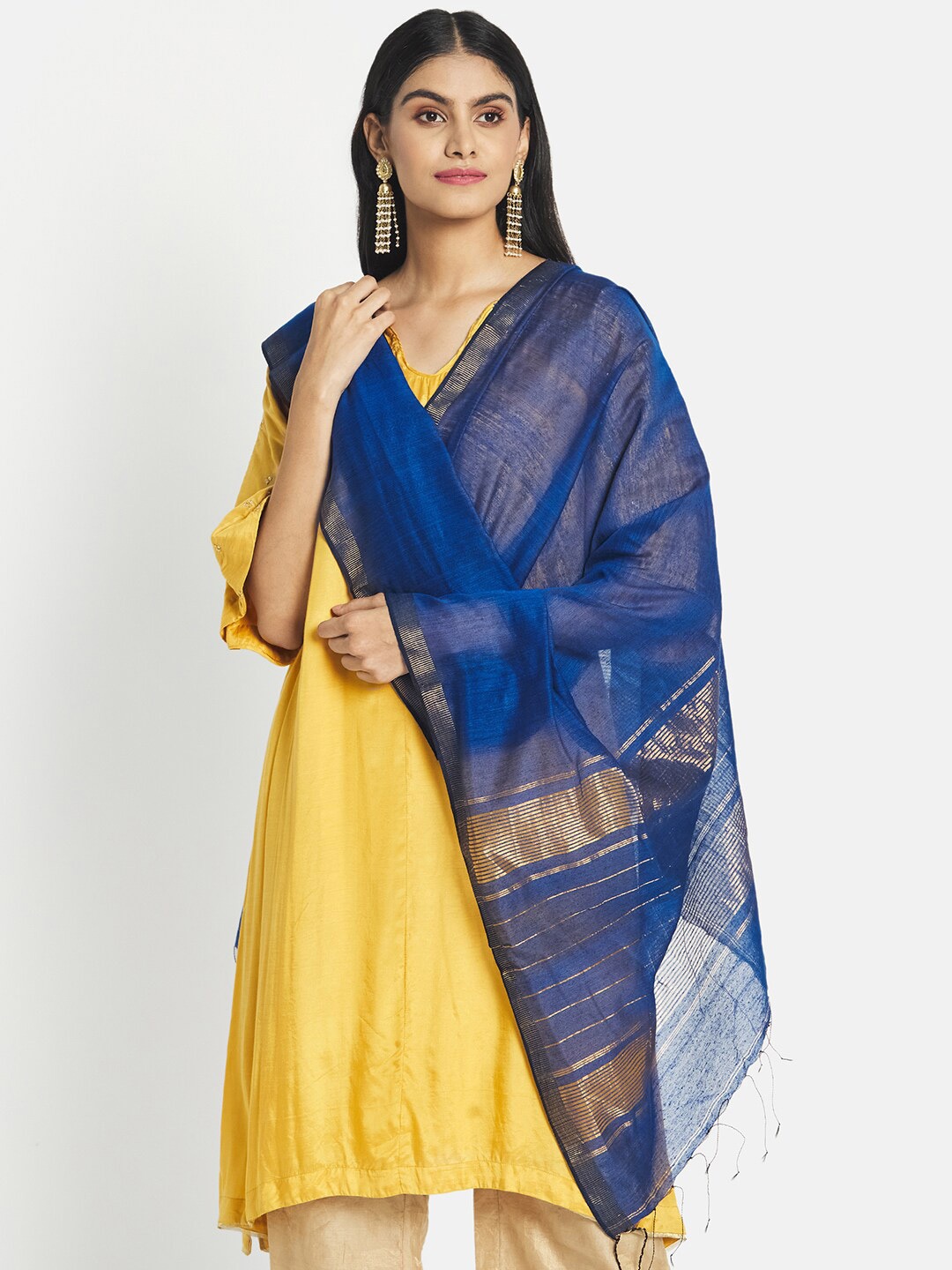 

Fabindia Women Blue & Gold-Toned Woven Design Pure Silk Dupatta