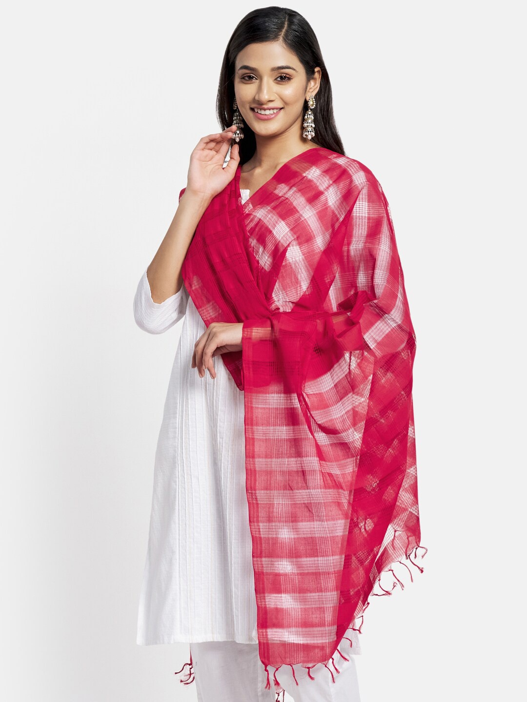 

Fabindia FabBasic Red & White Woven Design Pure Cotton Dupatta