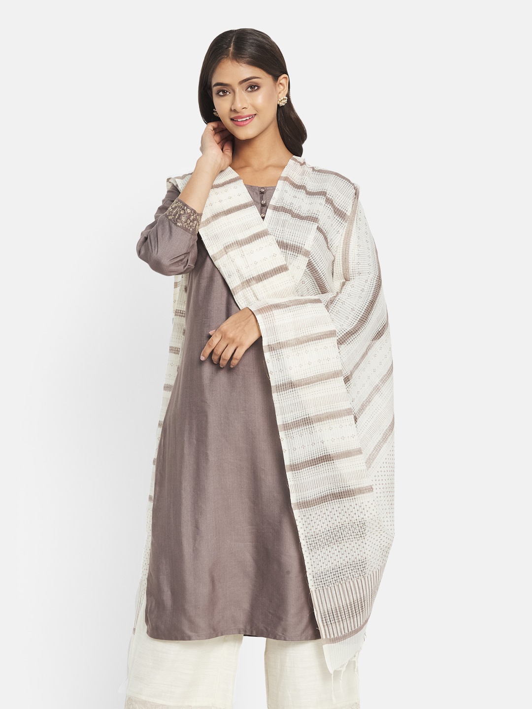

Fabindia FabBasic White & Brown Striped Pure Cotton Block Print Dupatta
