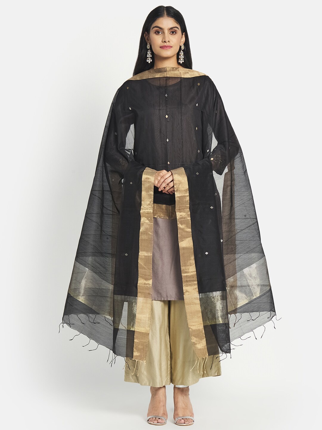 

Fabindia FabBasic Black & Gold-Toned Woven Design Cotton Silk Dupatta with Zari