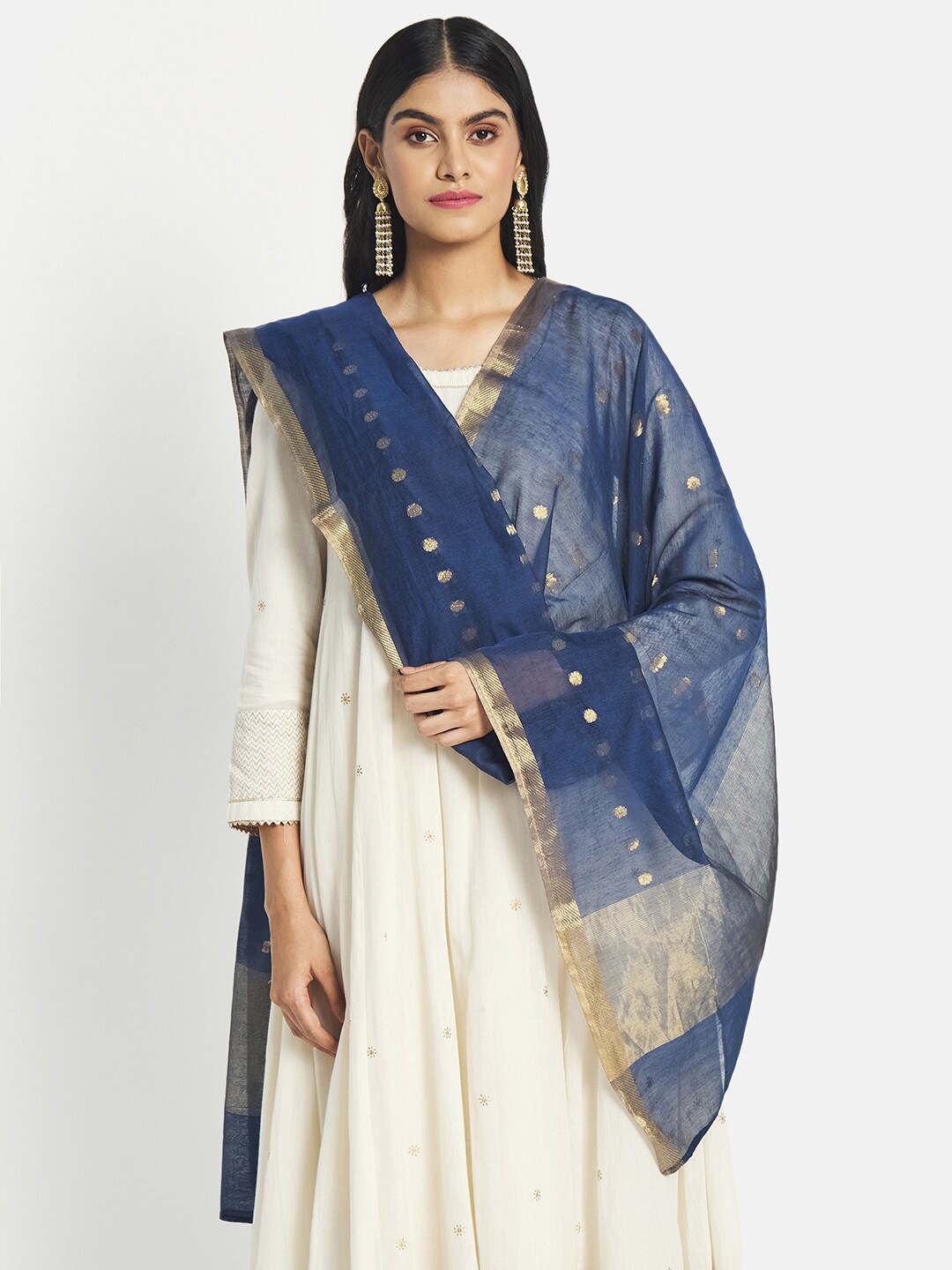 

Fabindia Navy Blue & Gold-Toned Woven Design Cotton Silk Dupatta with Zari