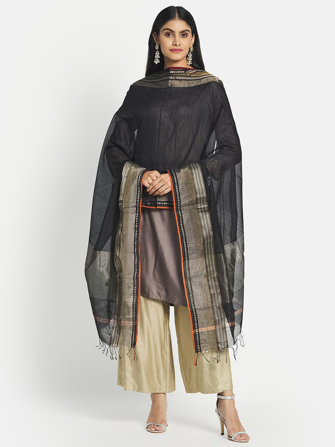 

Fabindia Women Black & Gold Woven Design Cotton Silk Dupatta