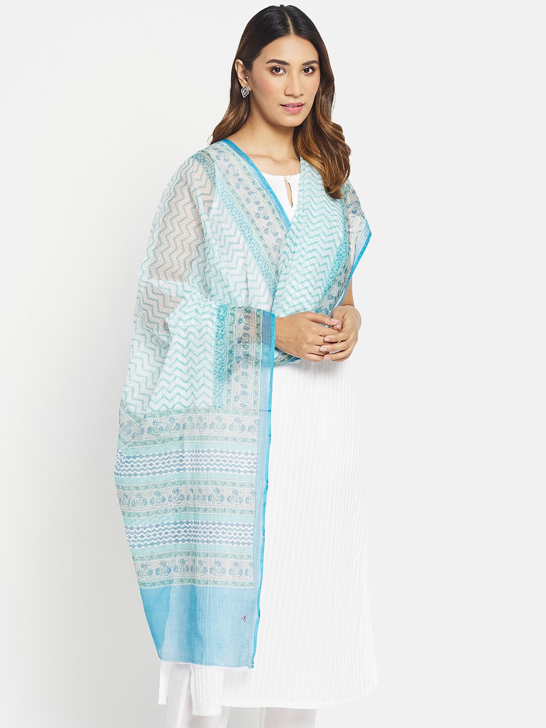 

Fabindia Blue & White Printed Cotton Silk Block Print Dupatta