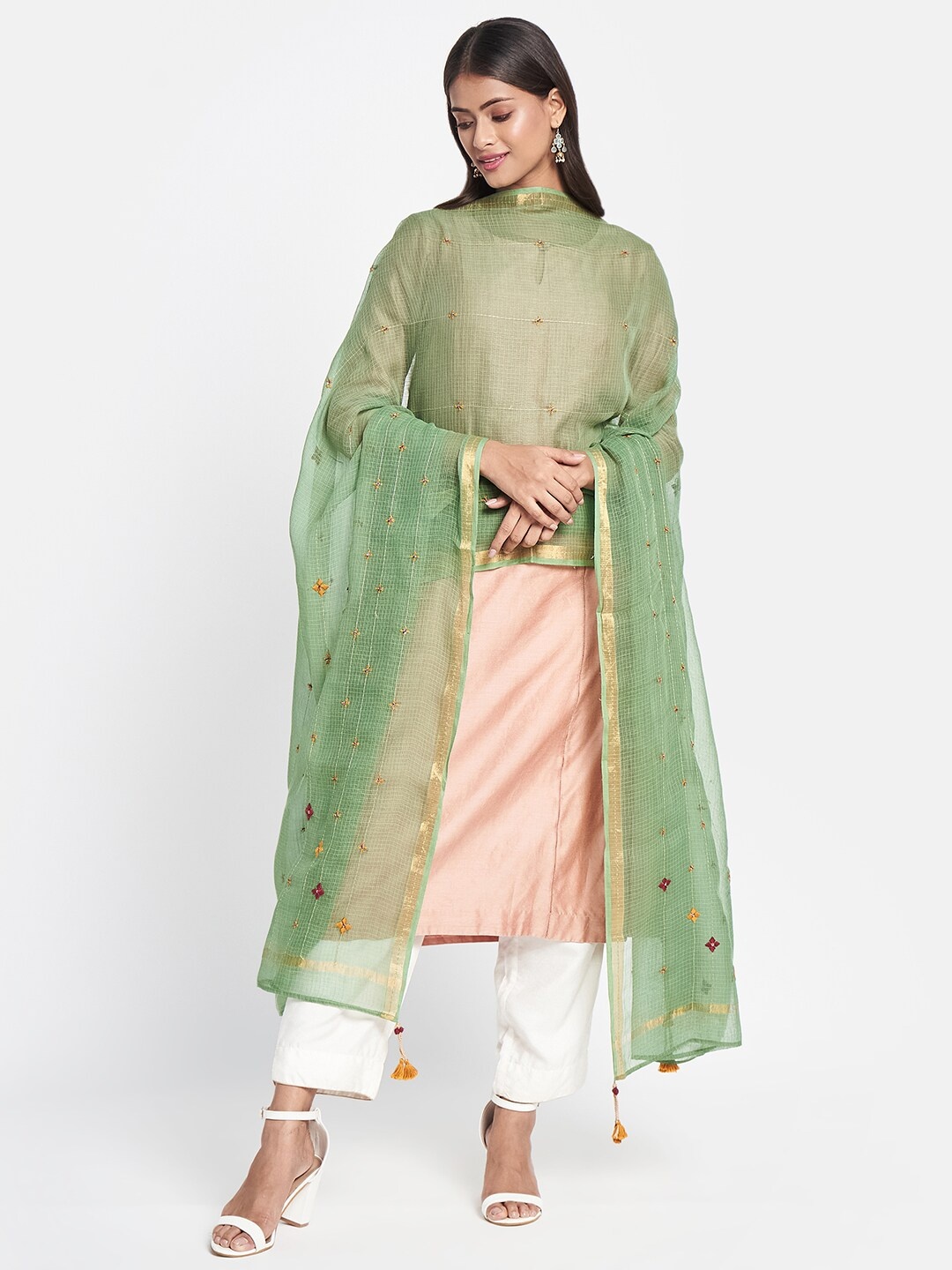 

Fabindia Women Green & Red Embroidered Cotton Silk Dupatta