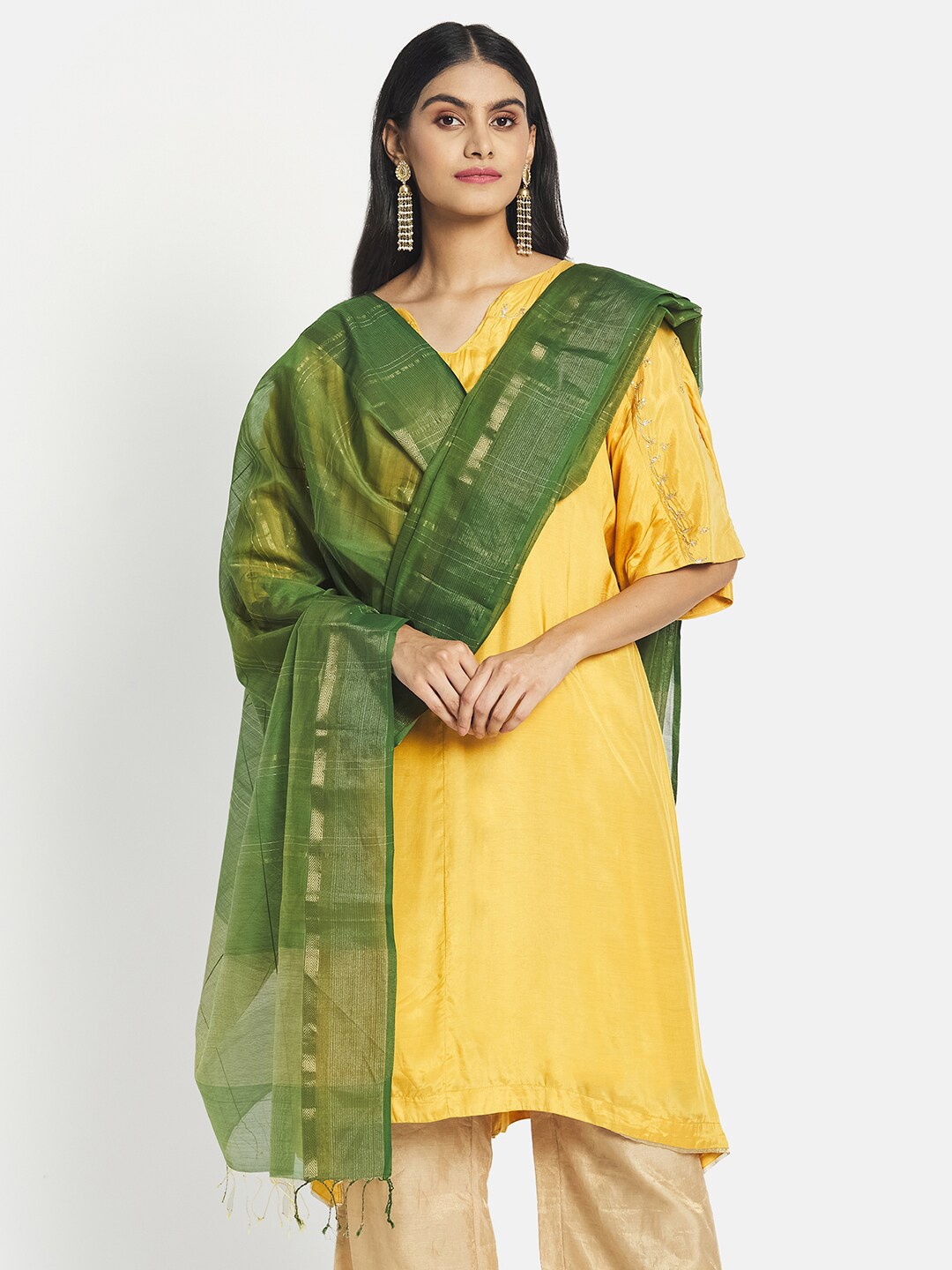 

Fabindia Green & Gold-Toned Woven Design Cotton Silk Dupatta with Zari