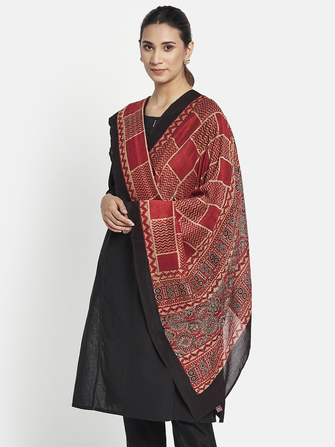 

Fabindia Women Red & Black Printed Cotton Silk Dupatta