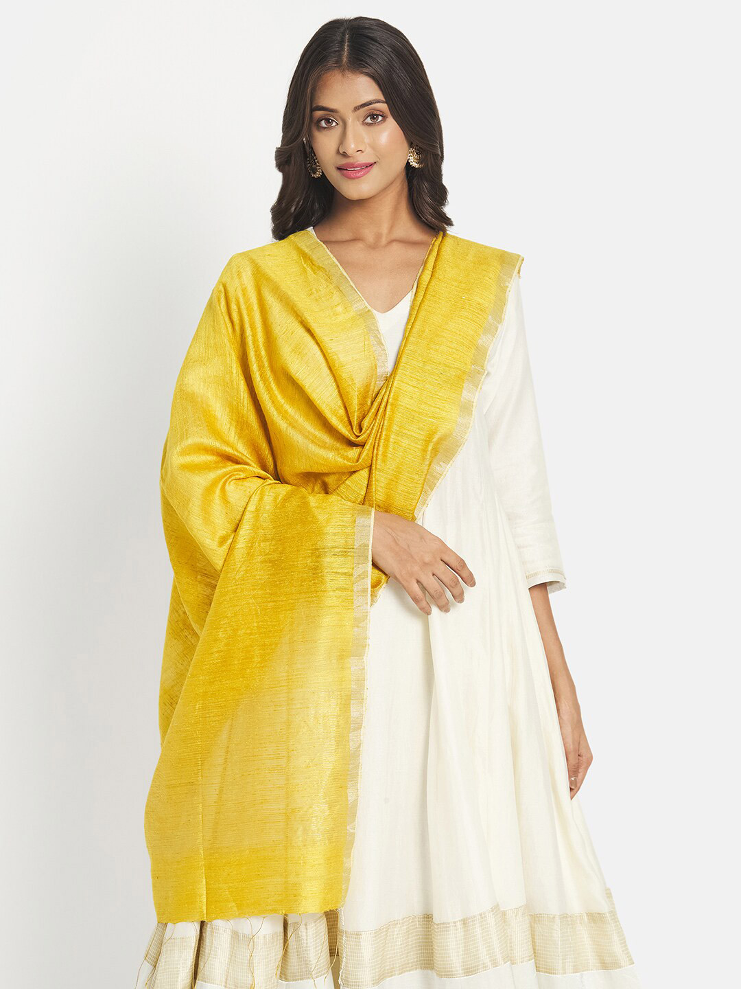 

Fabindia Women Yellow & Gold-Toned Pure Silk Dupatta with Zari
