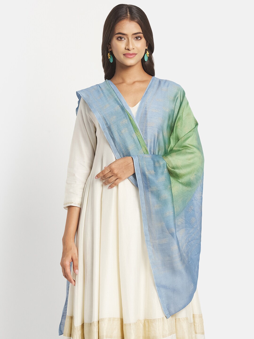 

Fabindia Blue & Green Ombre Dyed Cotton Silk Block Print Dupatta
