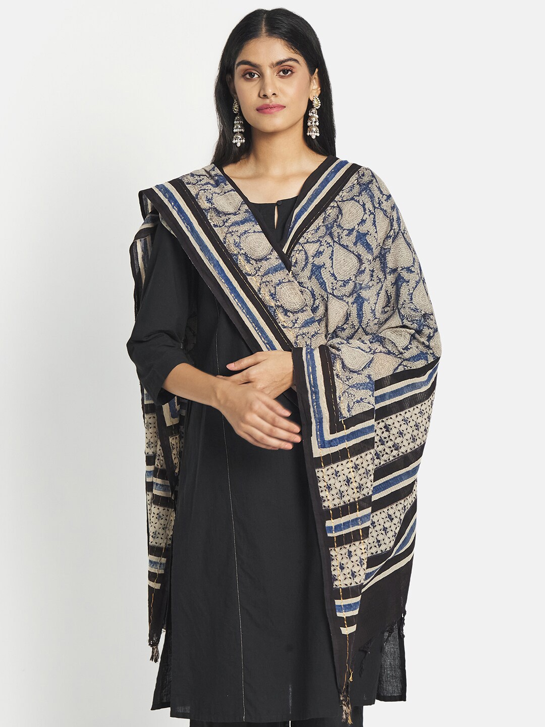 

Fabindia Blue & Beige Ethnic Motifs Printed Pure Cotton Dupatta