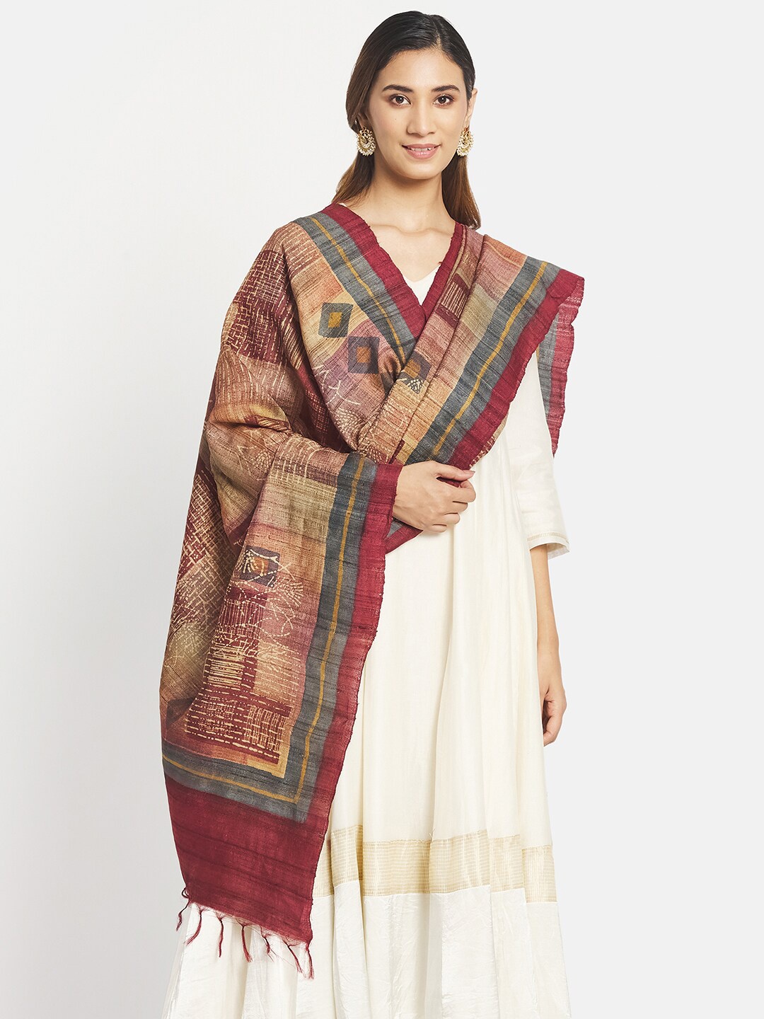 

Fabindia Women Red & Beige Printed Pure Silk Block Print Dupatta